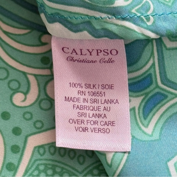 Calypso Christiane Celle XS Green Blue Paisley 100% Silk Blouse Bell Sleeve - Picture 8 of 8